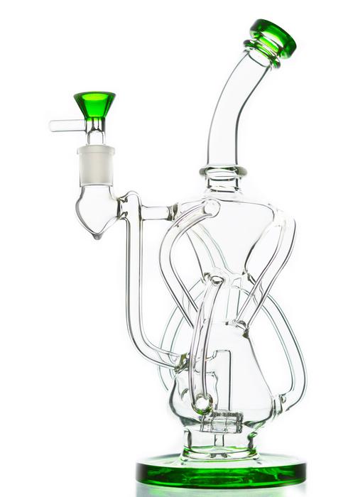 glass recycler rig with green glass bowl, base and mouthpiece